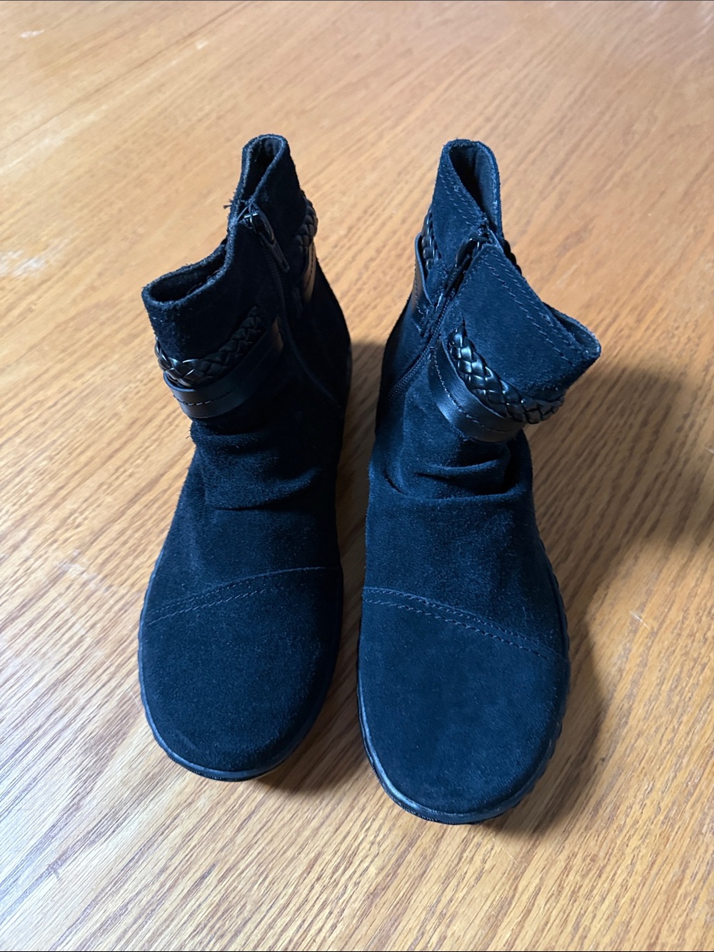 Clark’s Black Suede Ankle Boots with Braided Strap and Zipper